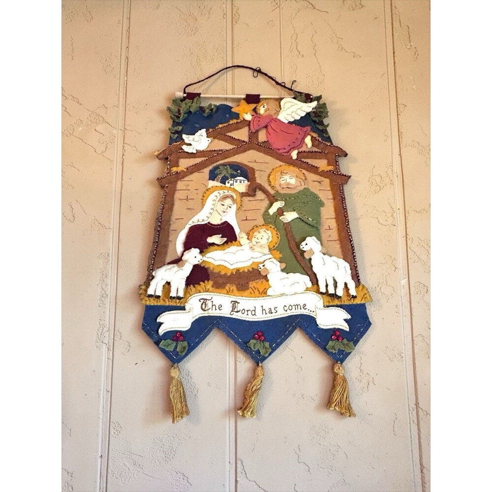 Vtg Nativity Holy Family Manger Scene Handmade Felt Banner Wall Hanging Bucilla